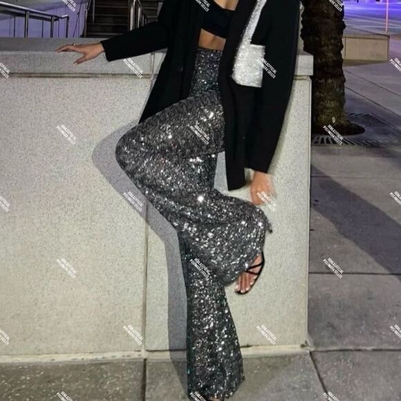NWT ZARA FLARED SEQUIN LEGGINGS - Picture 1 of 15